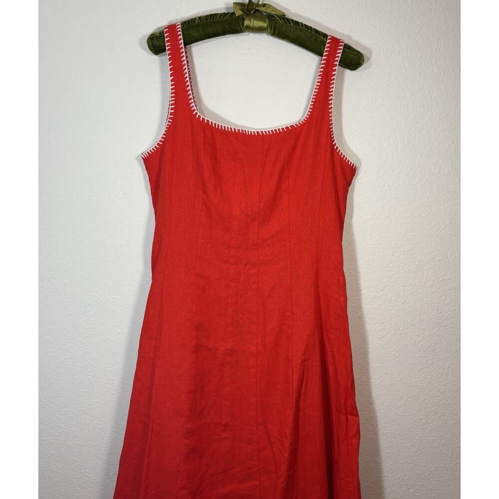 Caroline Constas Whipstitch Trim A-Line Linen Blend Midi Dress Cherry Red SZ 10